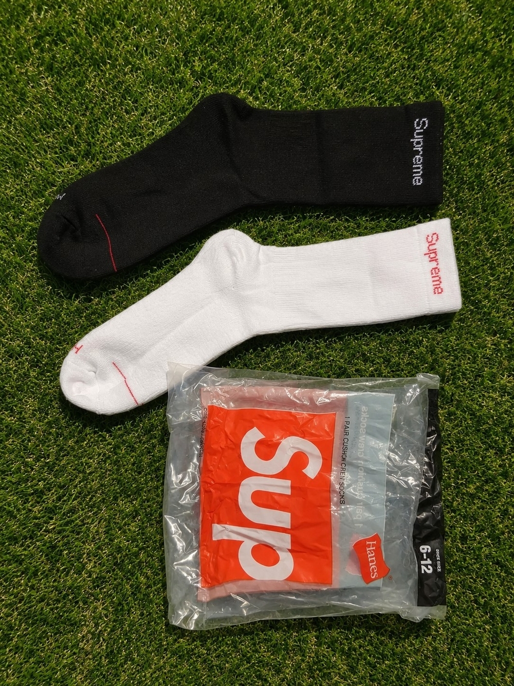 Supreme Black & White Crew Socks with Red Logo Accent